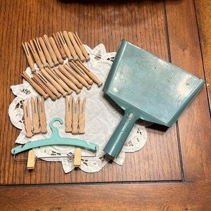 Vintage Dollhouse Metal Dustpan, Wood Clothes Pins & Plastic Clothes Hanger